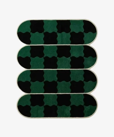 Top-down view of the Verdure Drift rug, featuring four horizontally stacked, pill-shaped segments defined by crisp cream borders, filled with a distorted, wavy checkerboard pattern in emerald green and black.
