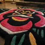 Close-up corner detail of the hand-tufted wool American Traditional Rose Rug, highlighting the dense texture of the natural fiber pile, the detailed repeating American traditional tattoo floral pattern, and the precise stitching of the dark scalloped border on a textured concrete surface.