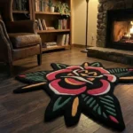 Macro texture shot of the American Traditional Rose Rug, emphasizing the hand-tufted wool pile of the front pattern and the clean fabric backing with neat red stitching along the detailed scalloped edge.