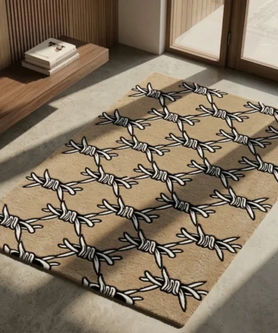 Perspective view of the rectangular Barbed Wire rug styled on a light concrete floor in a modern, sunlit entryway, featuring a repeating traditional tattoo black and white barbed wire pattern on a solid tan background.