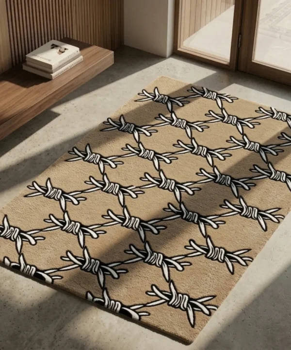 Perspective view of the rectangular Barbed Wire rug styled on a light concrete floor in a modern, sunlit entryway, featuring a repeating traditional tattoo black and white barbed wire pattern on a solid tan background.