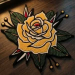 Top-down flat view of the Classic Inked Rose rug, perfectly showcasing its bold American traditional tattoo flash design featuring vibrant red petals, green leaves, and crisp black outlines.