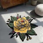 Angled perspective view of the Classic Inked Rose rug bathed in natural light, emphasizing the thick 100% New Zealand wool pile and the crisp 3D carving that separates the bold colors.