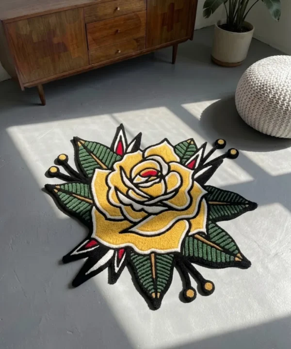 Angled perspective view of the Classic Inked Rose rug bathed in natural light, emphasizing the thick 100% New Zealand wool pile and the crisp 3D carving that separates the bold colors.