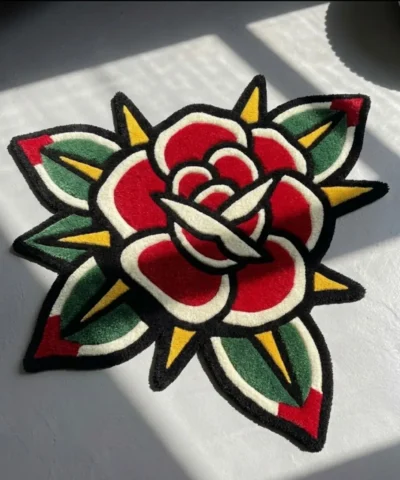 Top-down close-up view of the Classic Rose Tattoo Rug, emphasizing the bold traditional American tattoo flash style, red petals, and green leaf details in natural light.