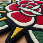 Close-up macro detail of the Classic Rose Tattoo Rug, highlighting the thick, dense red hand-tufted wool pile and the intricate carved texture.