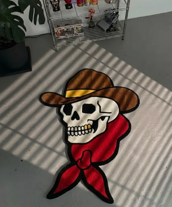 Close-up angled detail of the edge of the Cowboy Skull rug, showcasing the plush thickness of the hand-tufted pile and the clean, carved lines defining the brim of the cowboy hat.
