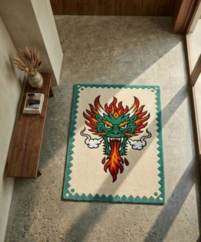 Wide perspective view of the Firebreath Dragon Head rug placed on a smooth concrete floor in a bright, minimalist room, showcasing its bold traditional tattoo flash design and structured zig-zag border.