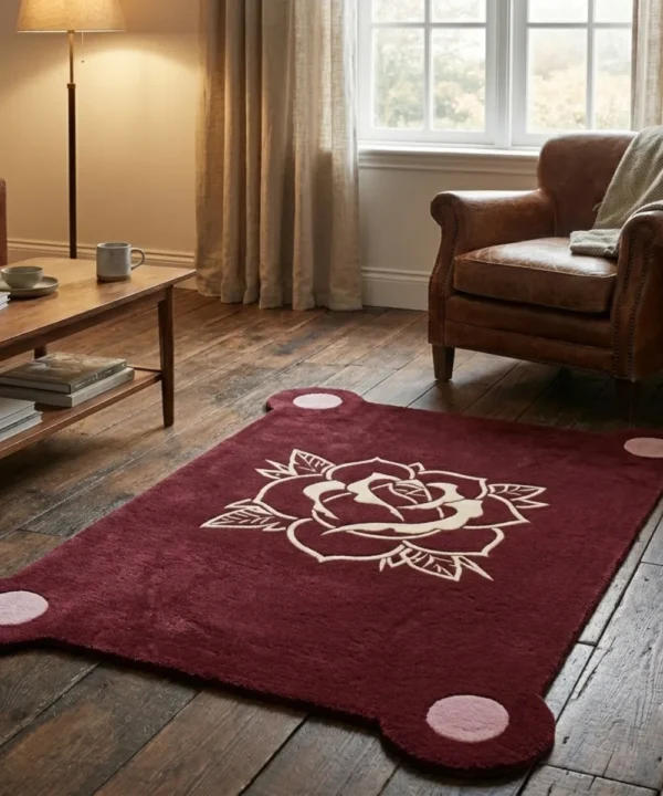 Perspective view of the burgundy Gothic Rose Emblem rug styled on a rustic hardwood floor in a cozy living room, positioned near a classic brown leather armchair and a wooden coffee table.