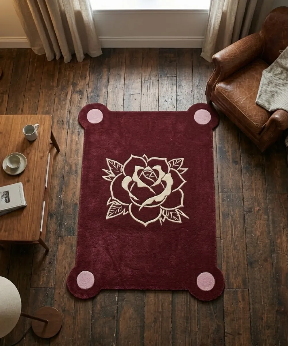 High-angle top-down view of the Gothic Rose Emblem rug resting on dark rustic wood planks, perfectly showcasing its rectangular shape with rounded pink corner extensions and central cream rose motif, framed by cozy den furniture.