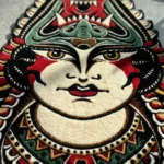 Close-up macro detail of the Lady Face rug, highlighting the dense hand-tufted New Zealand wool and the intricate 3D carving of the woman's eyes, red cheek makeup, and green demon mask.