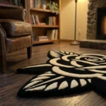 Angled perspective view of the Noir Rose tattoo flash rug styled on dark hardwood floors near a glowing stone fireplace and the leg of a classic brown leather wingback chair.
