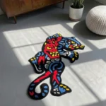 Perspective view of the Phantom Panther rug styled in a modern room, resting on a grey concrete floor next to a warm mid-century wooden cabinet, a potted plant, and a white pouf in natural sunlight.