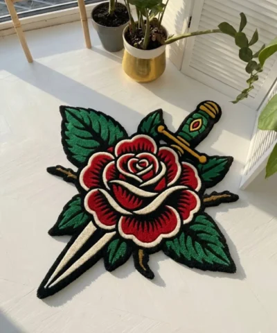 Top-down flat view of the Rose and Dagger rug, showcasing its bold American traditional tattoo flash design featuring a vibrant red rose pierced by a classic silver and gold dagger.