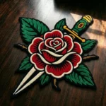 Perspective view of the die-cut Rose and Dagger traditional tattoo rug styled on a warm hardwood floor in a cozy den, positioned near a classic leather armchair.