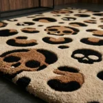 Close-up detail of the corner of the Savage Skull Leopard rug in natural sunlight, emphasizing the thick hand-tufted wool texture, the plush edge, and the edgy skull-shaped leopard spots.