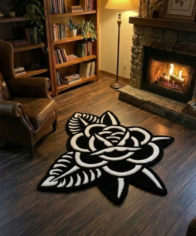 Wide perspective view of the Thornveil black and white rose rug styled in a warm library or den, surrounded by a wooden bookcase, a glowing floor lamp, a lit stone fireplace, and a classic leather wingback chair.