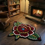 Perspective view of the die-cut Traditional Peony rug styled on a dark slate tile floor in a modern, sunlit hallway, positioned next to a sleek wooden bench.