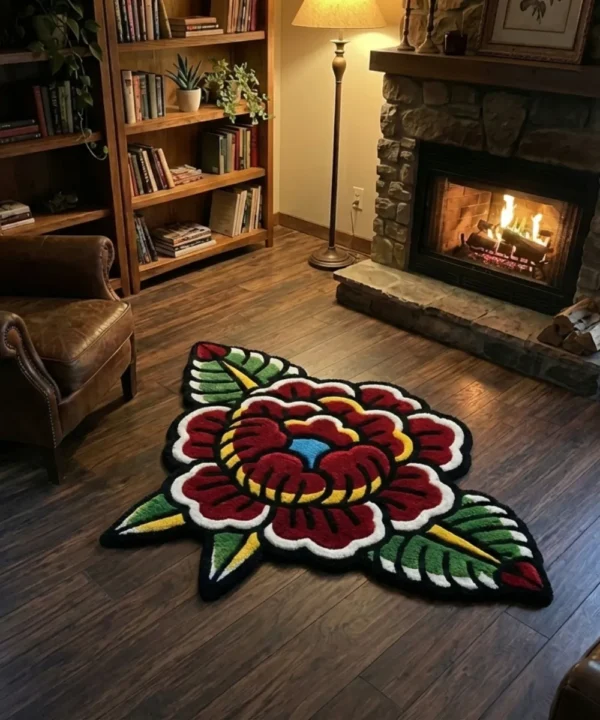 Perspective view of the die-cut Traditional Peony rug styled on a dark slate tile floor in a modern, sunlit hallway, positioned next to a sleek wooden bench.