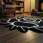 Low-angle close-up view of the Void Blossom rug on a dark hardwood floor, showcasing the plush thickness of the hand-tufted wool and the deep 3D carving of the traditional tattoo rose design.