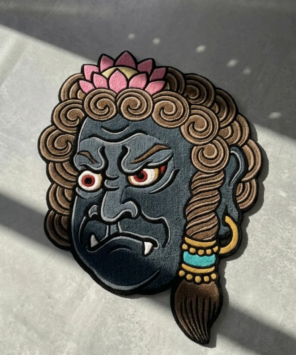 Top-down view of the Wabori Oni Lotus rug, featuring a detailed Japanese-style oni mask in dark blue with a pink lotus crown and intricate braided hair design.