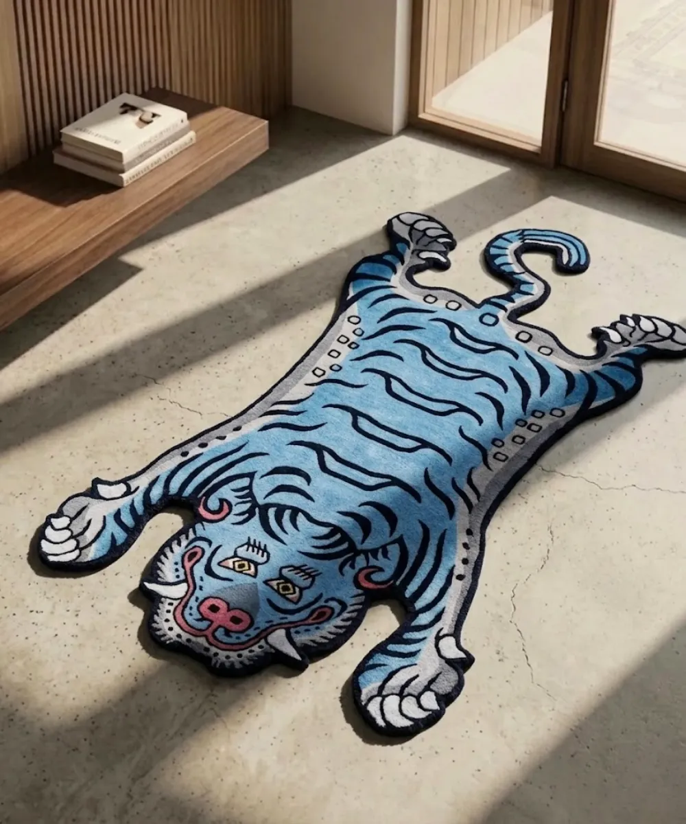 Hand-tufted blue Tibetan tiger rug styled on a concrete floor in a modern room with natural sunlight.