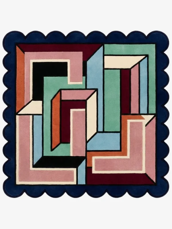 Top down view of the Arched Junction Square rug featuring a modern geometric design where soft curved arches intersect with structured lines in high-quality wool.