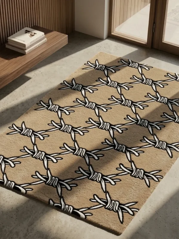 Perspective view of the rectangular Barbed Wire rug styled on a light concrete floor in a modern, sunlit entryway, featuring a repeating traditional tattoo black and white barbed wire pattern on a solid tan background.