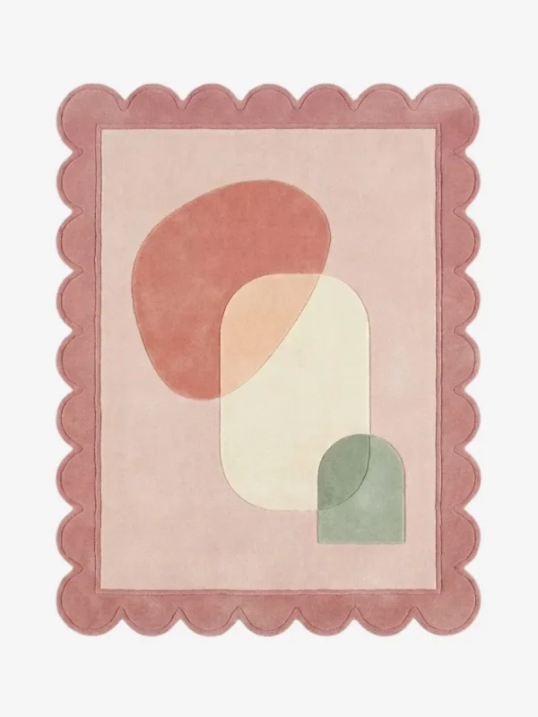 Top down view of the Blush Aurea rug featuring a luxurious blend of soft blush pink and golden aurea yellow accents on a plush wool background, finished with custom scalloped edges.