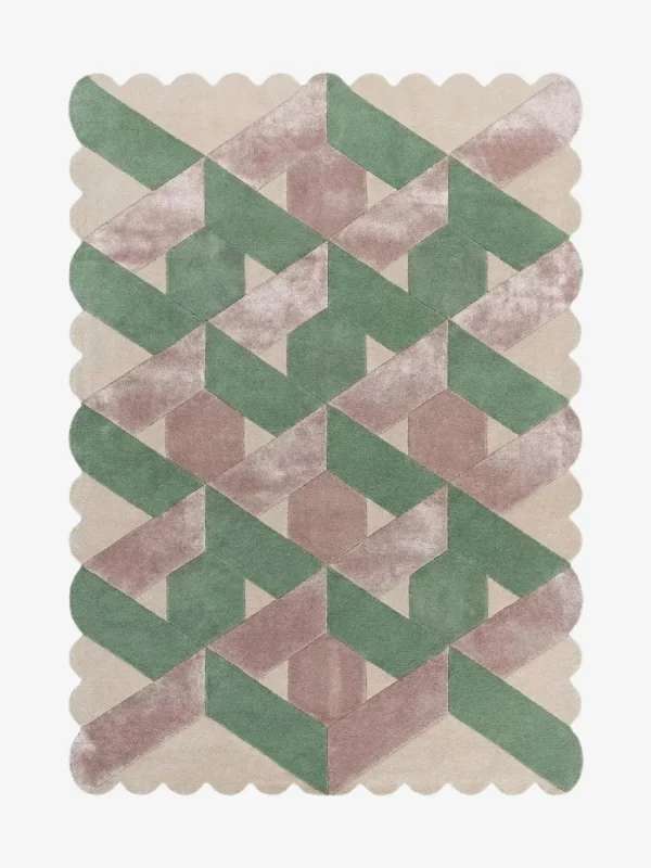 Top down view of the Blushed Olive rug against a white background, featuring a complex repeating geometric interlocking pattern in shades of olive green and blush pink on a cream background, framed by a continuous cream scalloped border.