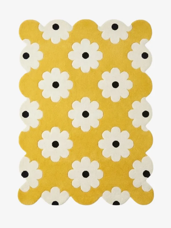A retro inspired yellow area rug with a playful pop art flower design and decorative wavy scalloped borders.