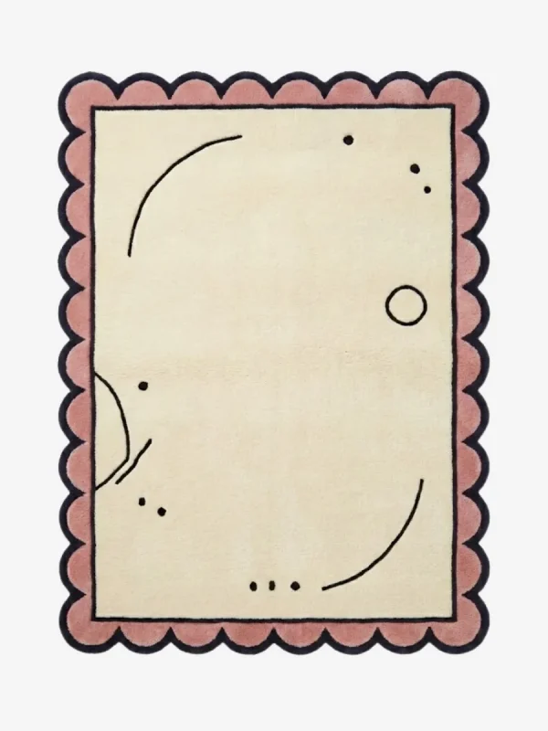 Top down view of the Canvas Scribble rug featuring a playful, abstract design of freehand black scribbles on a neutral cream wool background, finished with custom scalloped edges.