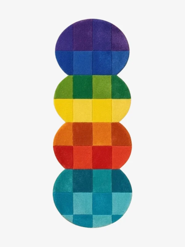 Top-down view of the Chromatic Stack runner rug against a white background, featuring four connected circular segments, each displaying a tonal checkerboard pattern in vibrant shades of purple, green, orange, and teal.