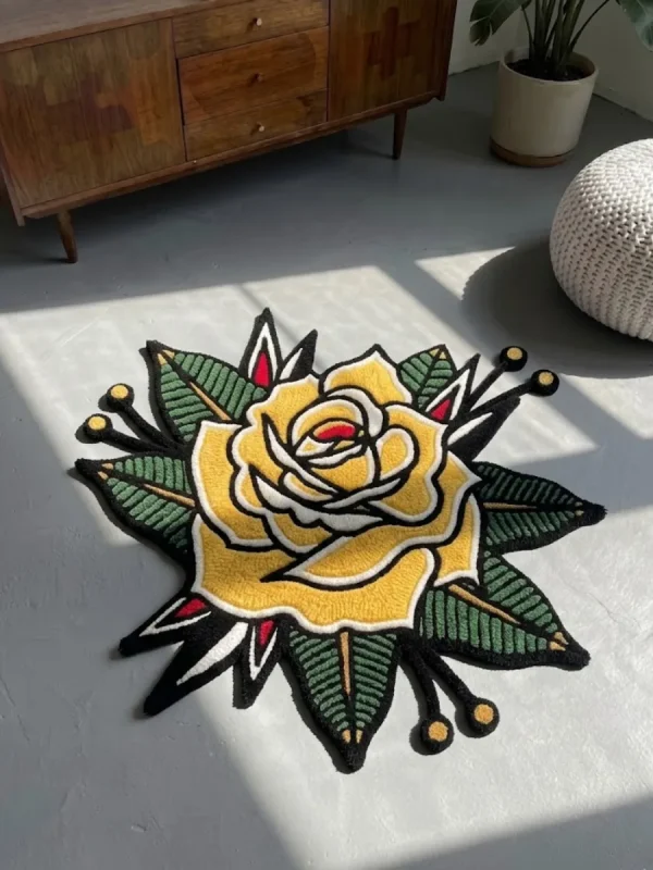 Angled perspective view of the Classic Inked Rose rug bathed in natural light, emphasizing the thick 100% New Zealand wool pile and the crisp 3D carving that separates the bold colors.