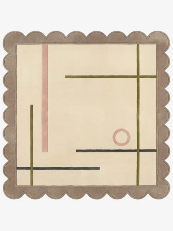 Top down view of the Clay Trace Square rug featuring a warm earthy clay background with delicate linear trace patterns in high-quality wool, designed in a classic square shape.