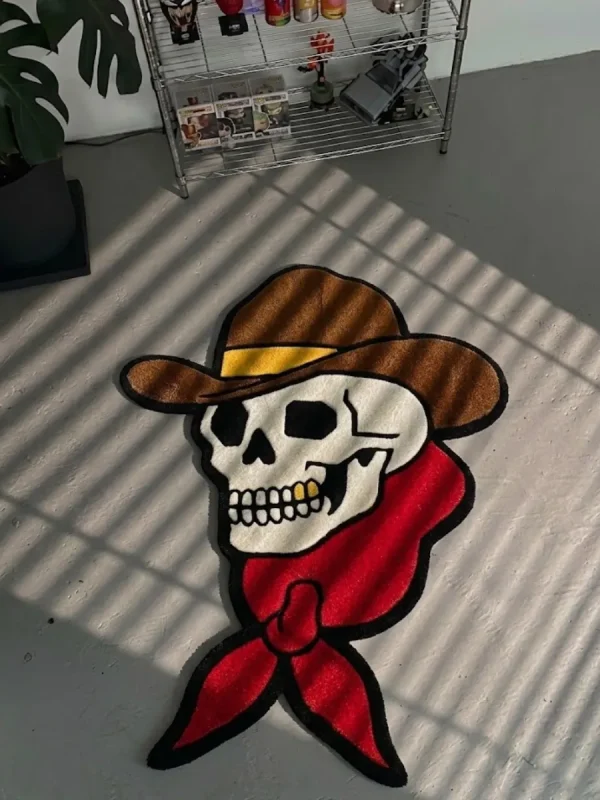 Close-up angled detail of the edge of the Cowboy Skull rug, showcasing the plush thickness of the hand-tufted pile and the clean, carved lines defining the brim of the cowboy hat.