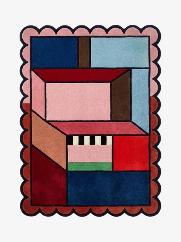 Top down view of the Enclosed Frame rug featuring a plush wool central field defined by a bold, enclosing border for a structured, geometric look.