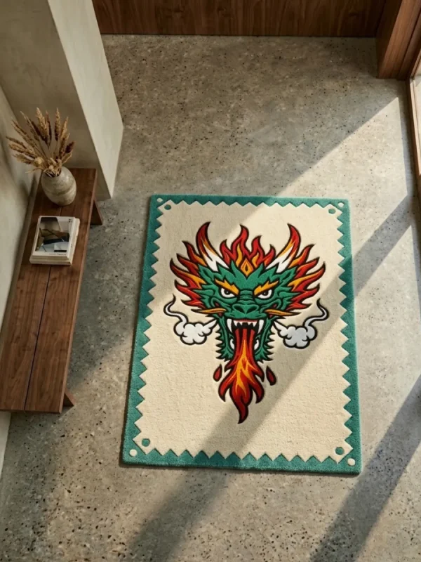 Wide perspective view of the Firebreath Dragon Head rug placed on a smooth concrete floor in a bright, minimalist room, showcasing its bold traditional tattoo flash design and structured zig-zag border.