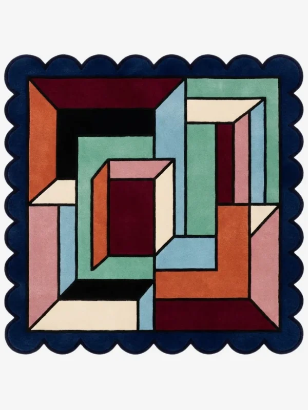Top down view of the Framed Passage Square rug featuring a structured geometric design with a bold defining border and a central open field in high-quality wool.