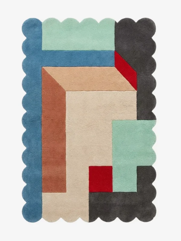 Top down view of the Gentle Pulse rug featuring a soothing wool background with a rhythmic wavy pattern representing a gentle pulse, finished with custom scalloped edges.