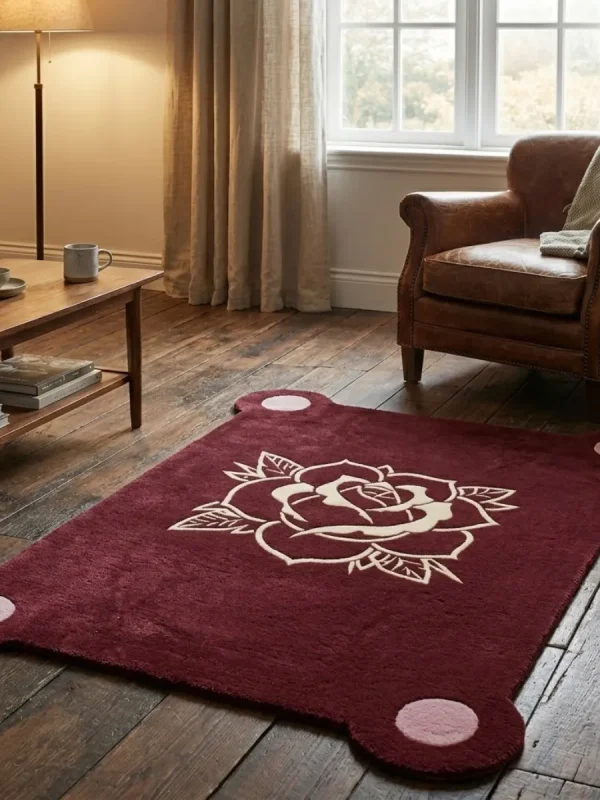 Perspective view of the burgundy Gothic Rose Emblem rug styled on a rustic hardwood floor in a cozy living room, positioned near a classic brown leather armchair and a wooden coffee table.