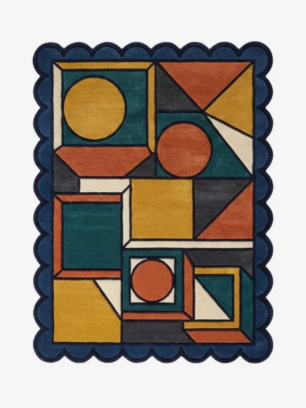 Top down view of the Harvest Loom rug featuring a complex geometric pattern of circles and squares in warm harvest tones of rust, mustard, and teal, finished with custom scalloped edges.