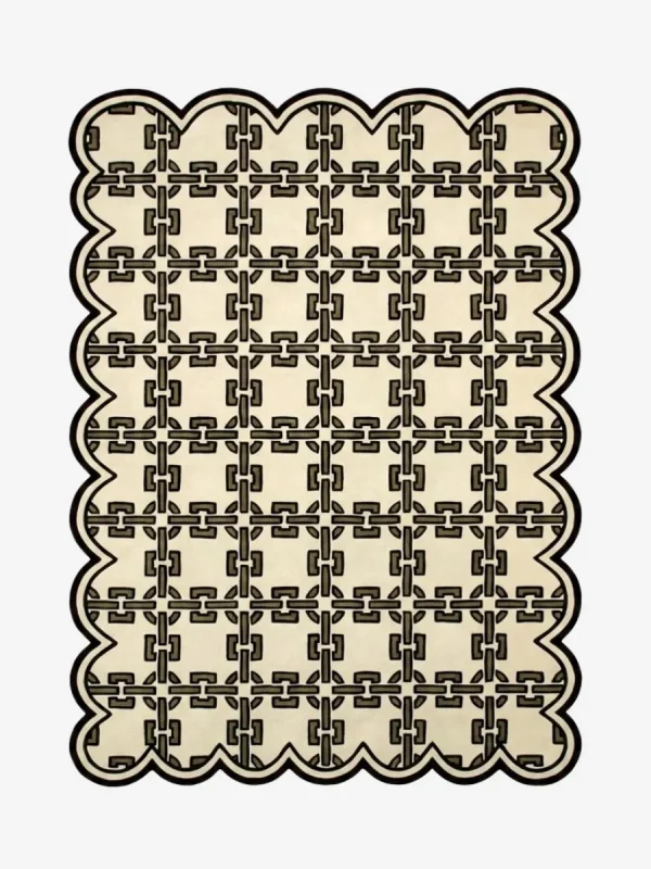 Top down view of the Heritage Lattice rug featuring a sophisticated cream wool background with an intricate dark brown interlocking geometric chain pattern and custom scalloped edges.