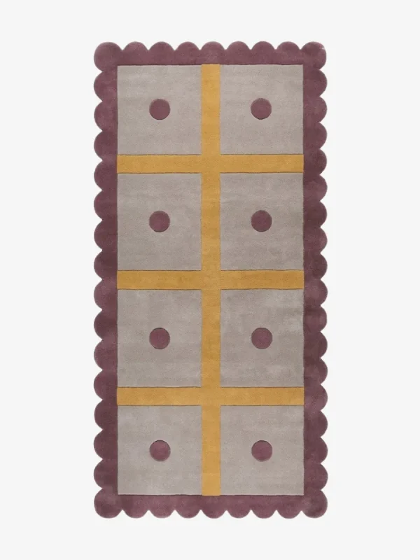 Top-down view of the rectangular Honey Lattice runner rug, featuring a crisp yellow grid over a light grey background with purple circles inside each block, all framed by a thick purple wavy border.