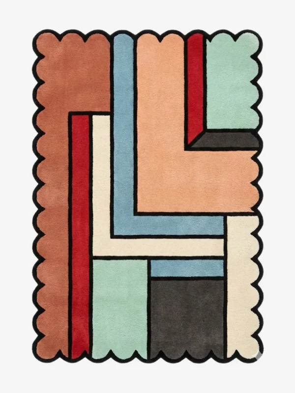 Top down view of the Linear Pathways rug featuring a modern geometric pattern of interlocking lines and pathways on a high-quality wool background, finished with custom scalloped edges.