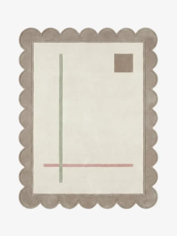 Top down view of the Mist Alba rug featuring a serene blend of soft misty grey and bright alba white wool, finished with custom scalloped edges.