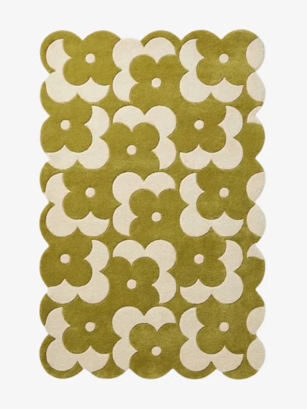 Top down view of the Moss Parade rug featuring an earthy moss green background with a retro grid pattern of white flowers.