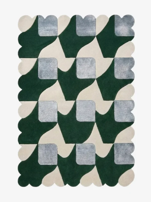 Top-down view of the Moss Rhythm square rug against a white background, featuring a repeating geometric patchwork pattern of squares and rectangles in varying shades of earthy green and subtle grey, framed by a continuous solid green scalloped border.