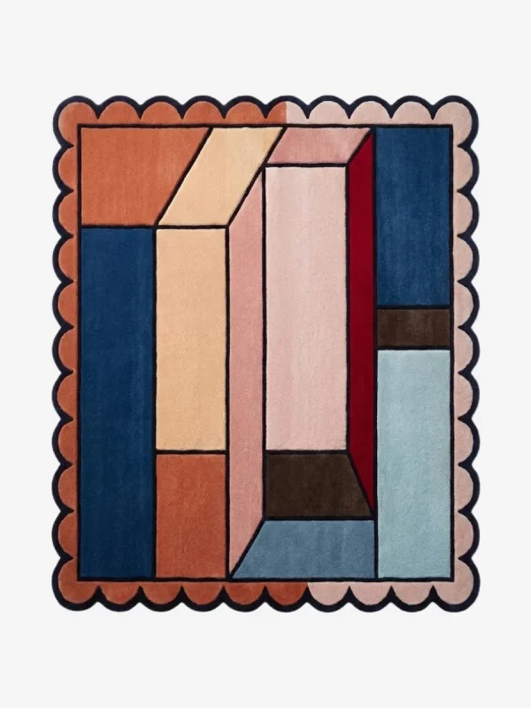 Top down view of the Muted Studio Square Rug featuring a contemporary design in soft, muted tones of beige and grey, designed to complement a modern creative space, finished with custom scalloped edges.