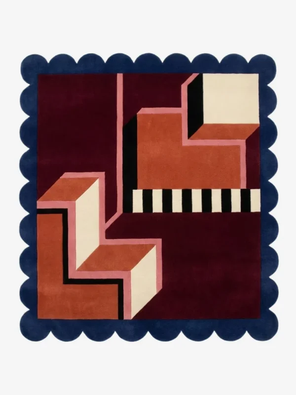 Top down view of the Noir Blocks Square Rug featuring a striking geometric pattern of alternating deep noir black and charcoal grey blocks, finished with a custom scalloped edge.